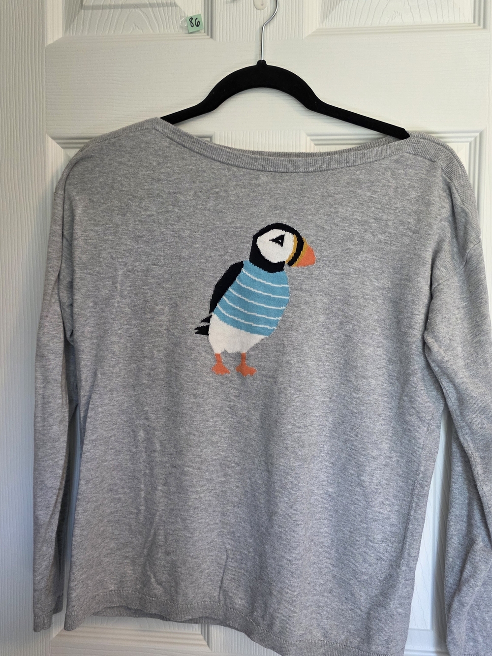 Talbots Gray Sweater with Striped Puffin Motif